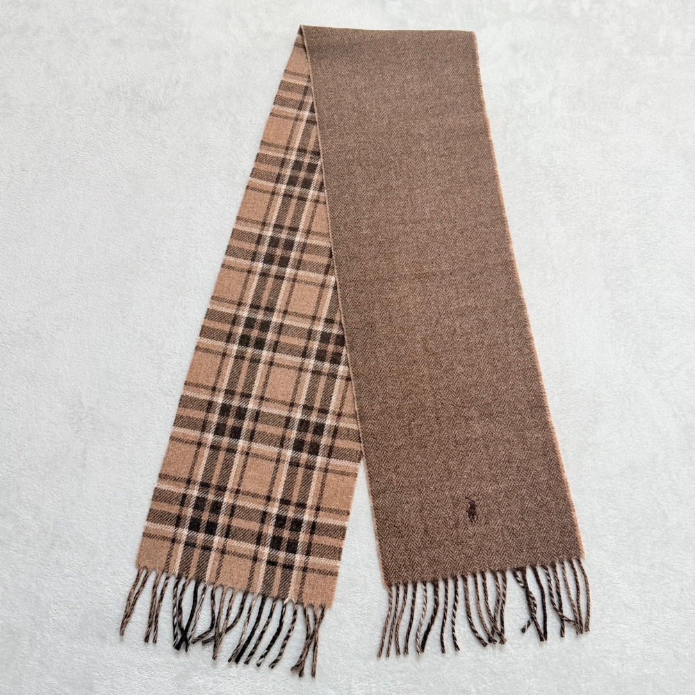 Polo Ralph Lauren Plaid Herringbone Scarf Unisex OS Brown Reversible Wool Blend